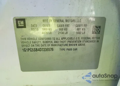 2013 Chevrolet Cruze 1Lt Auto из США, поврежденный, VIN 1G1PC5SB4D7236576